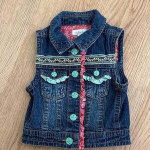 Matilda Jane Dark Blue Denim Vest with Aqua Accents and Pink Trim
